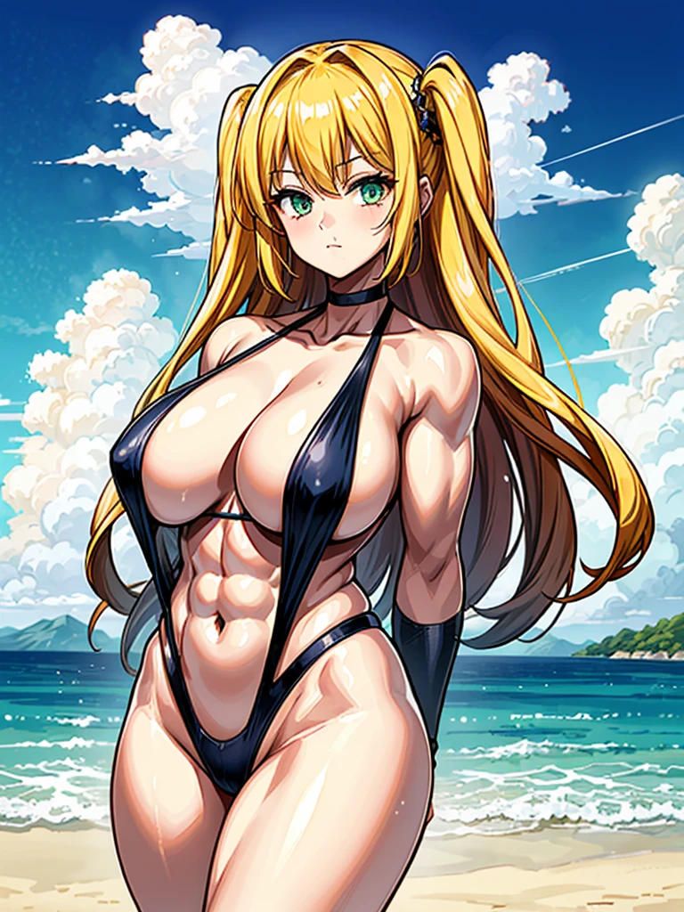 （（（masterpiece、Highest image quality、highest quality、highly detailed unity 8ｋwallpaper）））、（（Illustration of one girl））、（（（beautiful girl、cool）））、（（blonde、pixie cut：1.2、two side up、sidelocks、green eyes））、（（（tall、stocky build, thickset physique：1.3, muscular legs, broad shoulders, solid chest）））、swimsuit、sandy beach