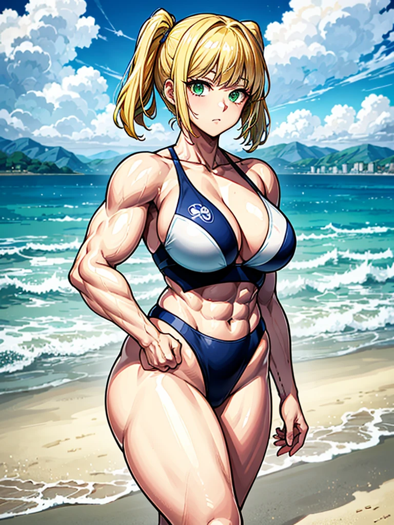 (((masterpiece、Highest image quality、highest quality、highly detailed unity 8kwallpaper)))、((Illustration of one girl))、(((beautiful girl、cool)))、((blonde、pixie cut:1.2、two side up、sidelocks、green eyes))、(((tall、stocky build, thickset physique:1.3, muscular legs, broad shoulders, solid chest)))、swimsuit、sandy beach