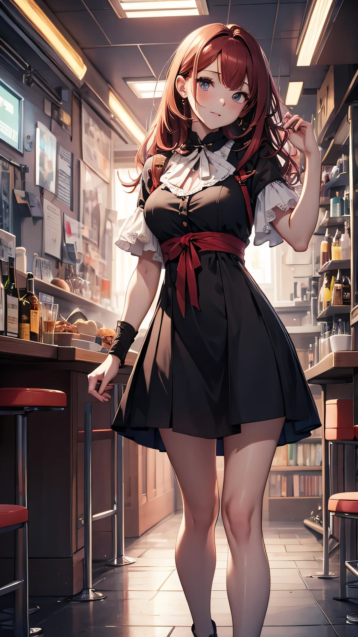 最high quality、best image quality、masterpiece、age girl((18-year-old、 By becoming、vest bust、medium bust,wide open breast tea、black eye, redhead、shortcut、thin,highest valley、red dress、drunk、Let loose)),high quality、beautiful art、background((nightbar)),debris flies、Depth of written boundary、movie、visual art、perfect art、8K,genuine、anime style