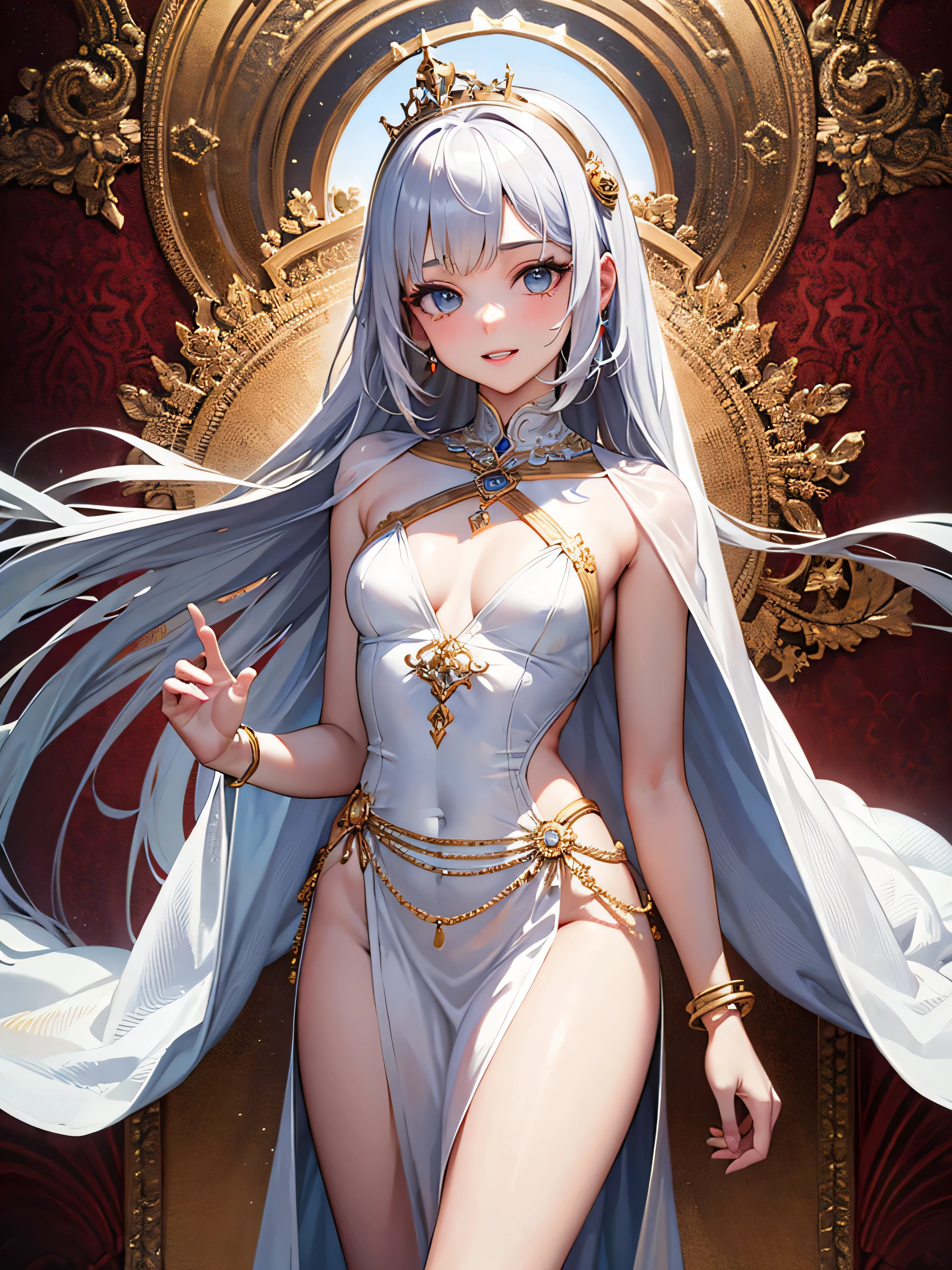 masterpiece, very detailed, Super detailed, alone, (1 girl),Very beautiful and cute 16 year old girl,attractive oval face,double eyelid,deep blue eyes,rosy lips,small nose,bright silver hair,straight long hair,slender body,small breasts, (Arabic background), (desert), (pure white goddess costume), (smile:0.8), (jewelry), (Princess), (elegant), (beautiful), (Half body)