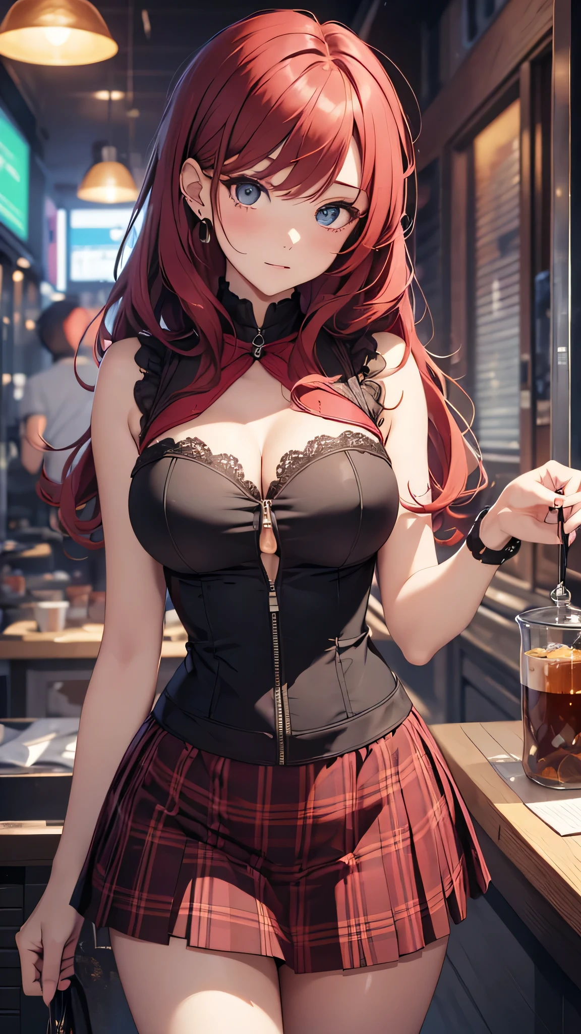 最high quality、best image quality、masterpiece、age girl((18-year-old、 By becoming、vest bust、medium bust,wide open breast tea、black eye, redhead、shortcut、thin,highest valley、red dress、drunk、Let loose)),high quality、beautiful art、background((nightbar)),debris flies、Depth of written boundary、movie、visual art、perfect art、8K,genuine、anime style