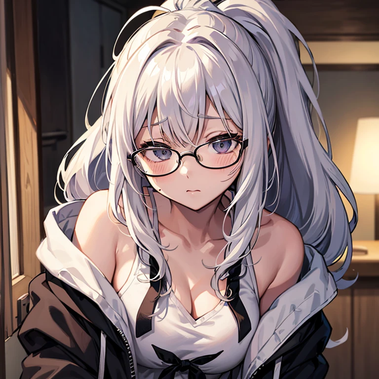 Yukino, one the bed, Silver hair and  eyes in a black hoodie, anime visual of a cute girl, screenshot from the anime film, & her expression is solemn, ahegao face, in the anime film, in an anime, anime visual of a young woman, she has a cute expressive face, still from anime, perfect breast, wet-t-shirt no bra