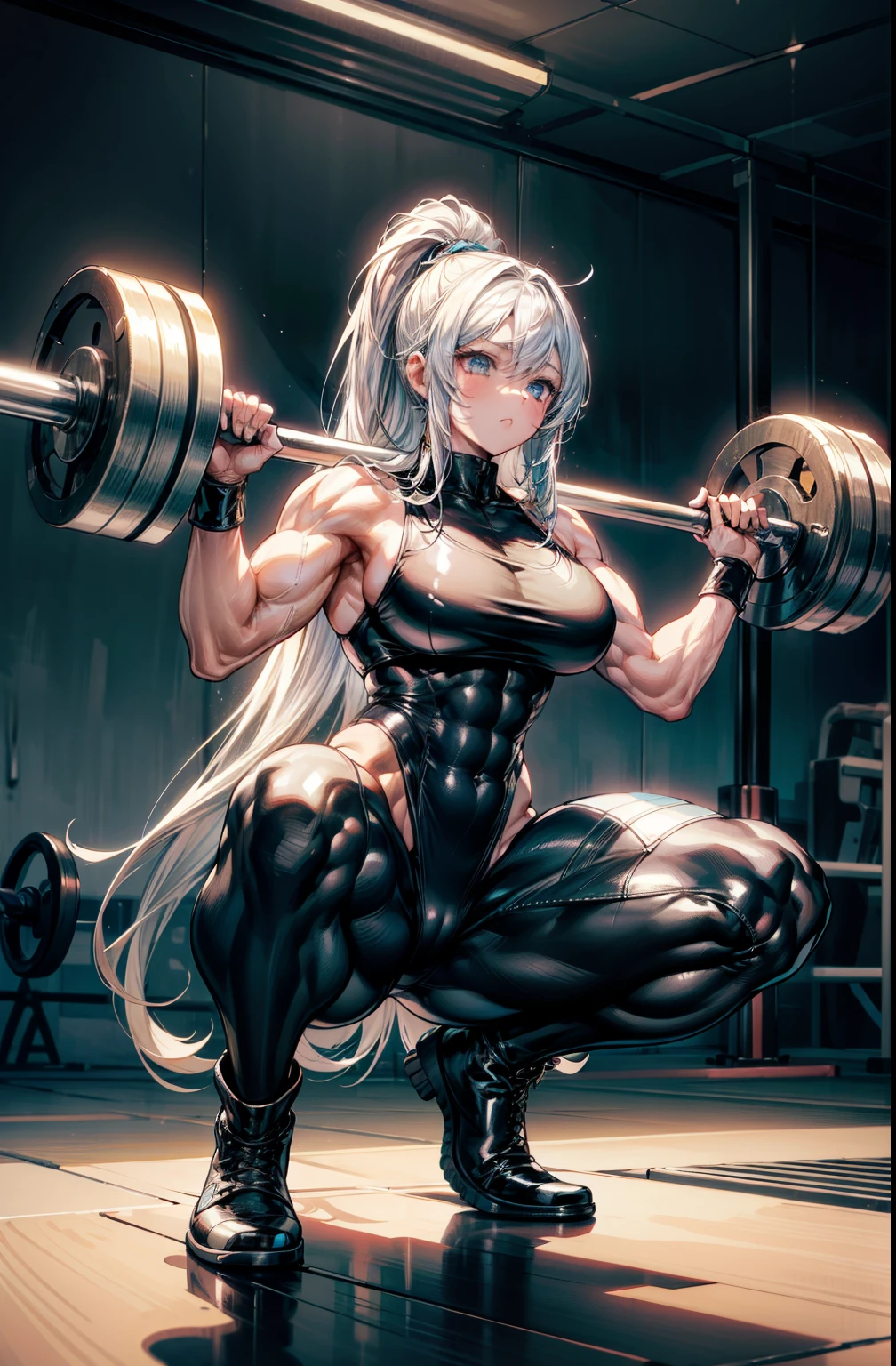 (best lighting) , (Extremely complex and detailed) , 4K unified, (Super detailed CG: 1.2) , (8k: 1.2),(The original), (masterpiece) , (best quality),(masterpiece:1.4),Anime-like high quality,(masterpiece),masterpiece, Super clear picture quality,clearer than,(delicate face)best quality, absurd,((Master of Peace, 4K, 8k, Yes, high resolution))1个girl, female student,She was in the garden,Ten strong abdominal muscles,stand up,exposed abdomen, Dense, raised veins on the arms,spring, boots, Perfect body, silver long hair, dynamic poses,legs exposed,Strong leg muscles ((bodybuilder:1.5)),spring Garden,(beautiful bass),(girl),(woman),(((Upper body:1)))Wearing a shiny black latex slider suit,Hide skin、Shiny Black Latex Slider Set、upper part of body,realistic girl girl Squatting with a barbell in the gym里, in the gym, beautiful anime girl Squatting, exercise, muscular!!, weightlifting, muscular!, in the gym里, The strongest pose, Squatting, bursting with muscles, pixiv 3dcg, muscular thighs, Tik, Badass anime 8k, muscular girl, Smooth anime CG art