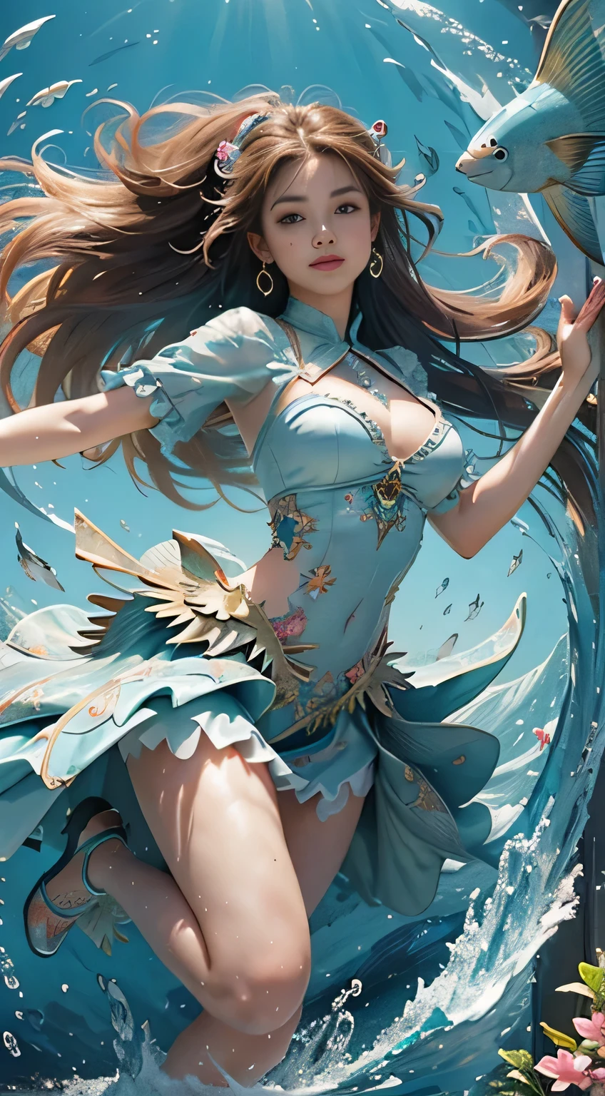 (masterpiece、highest quality、highest quality、official art、beautiful and aesthetic:1.2)、(1 girl:1.3)、((Accurate anatomy body and hands:1.5))、beautiful face、extremely perfect face、Big eyes、cute smile、very detailed、(fractal art:1.1)、(colorful:1.1)(flower:1.3)、most detailed、( zentangle:1.2)、(dynamic pose)、(Change the pose)、(dynamic angle)、(abstract background:1.3)、(shiny skin)、(many colors:1.4)、(earrings)、(Fish fins:1.5)、(放water器:1.3)、water色背景、water、light、explosion、waterの流れ
、gust of wind、Bubble、Soap bubble、veiled dress、半透明のwater色ドレス、Lots of Fish、beautiful face、perfect proportions、big breasts、thin waist、navel、big ass、gap between crotches、thighs、
