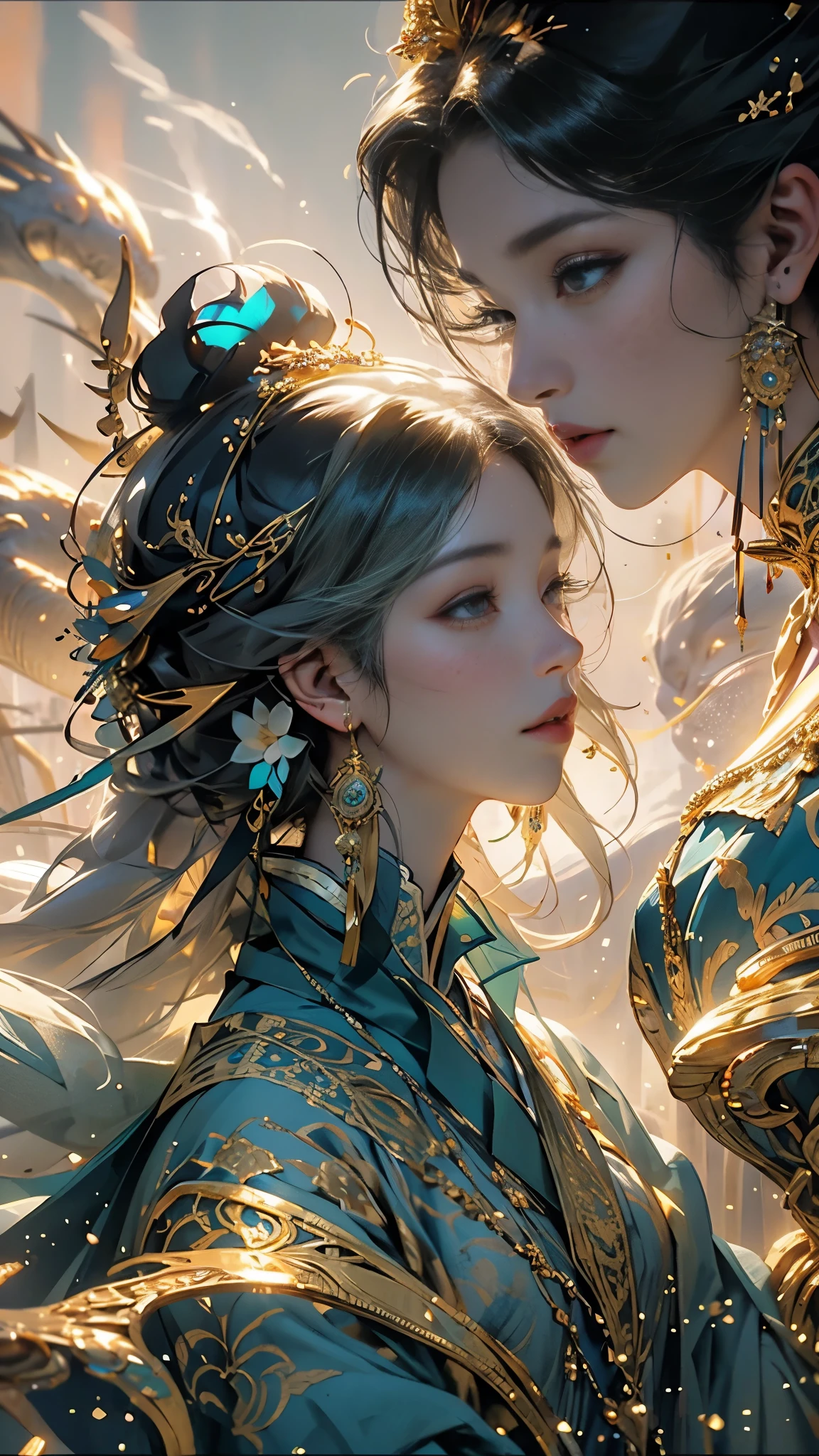 Telling the mythical story of Nuwa patching up the sky，Chinese mythology and stories，She smelt five-color stones to mend the sky；Stopped terrible floods。Deep background，absurd，marvelous and unbelievable，epic composition，(intricate details，Ultra-detailed:1.2)，Super real photos, epic现实, ((neutral color)),(pastel colors:1.2), surreal, + lens + dynamic composition, Extremely detailed, sharpen, Normal, warm light, Light effect, dramatic light, (intricate details:1.1), complex background, (greg rutkovsky:0.8), (teal and orange:0.3），epic, elegant，elegant，(Intricate ornaments:1.1),big goddess avatar，
