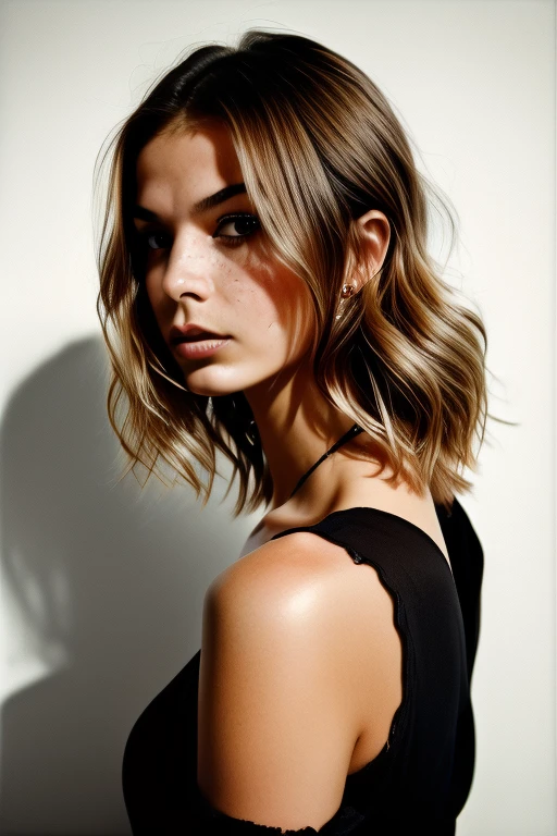 (a cute girl in a dramatic pose, 20 years old, small tits, skinny:1.1), nsfw, (best quality, high quality, photograph, hyperrealism, masterpiece, 8k:1.3), german, burly, medium blonde pixie cut, legskin, dark skin, freckles skin, sad, (low-key lighting, dramatic shadows and subtle highlights:1.1), adding mystery and sensuality, trending on trending on artsy, concept art, (shot by helmut newton:1.1), rule of thirds, black and white, modern, shot from side, sedicive pose