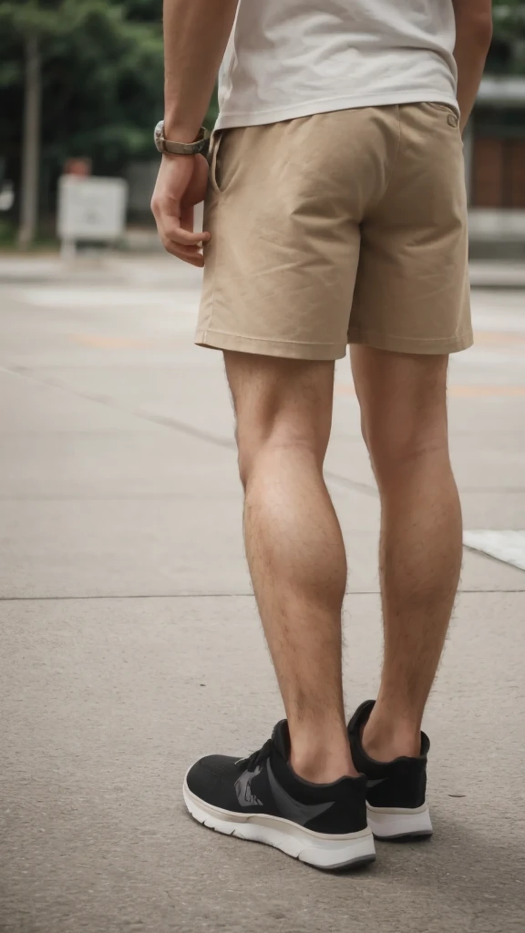 (hairy legs), (super sharp focus), (wide shot), (((whole body))), toned legs, two block, messy shortt hair, long legs, Japan, (male), 27 years old, beige shorts, (Wearing a plain white T-shirt), very short hair, black hair, (Rear view), wearing sneakers,