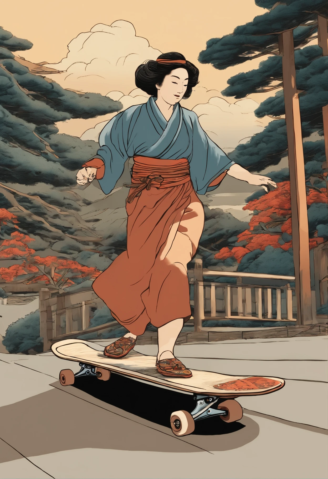 best quality, hokusai style, Ukiyo-e, woman skateboarding,