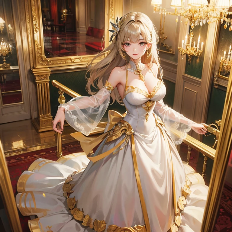 Beauty、long dress、dress、Fancy decoration、luxurious hair ornament、No sleeve、big breasts、smile