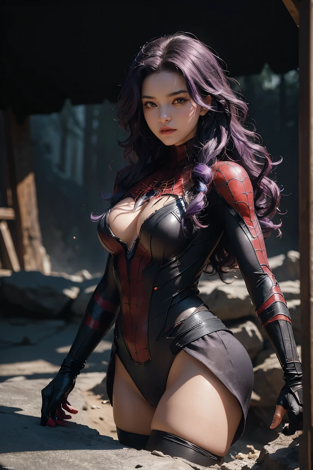 (Extreme Detail CG Unity 8K wallpaper, masterpiece, highest quality), (Exquisite lighting and shadow, highly dramatic picture, Cinematic lens effect), a beautiful girl in a back Spider-Man costume, black lingerie, purple curly hair color, long hair, fang, from the Spider-Man parallel universe, Wenger, Marvel, Spider-Man, on the beach, very beautiful face, dynamic pose), (excellent detail, excellent lighting, wide angle), (excellent rendego on cave, enough to stand out in cave, clasocus on black Spider-Man costumes, complex spider textures