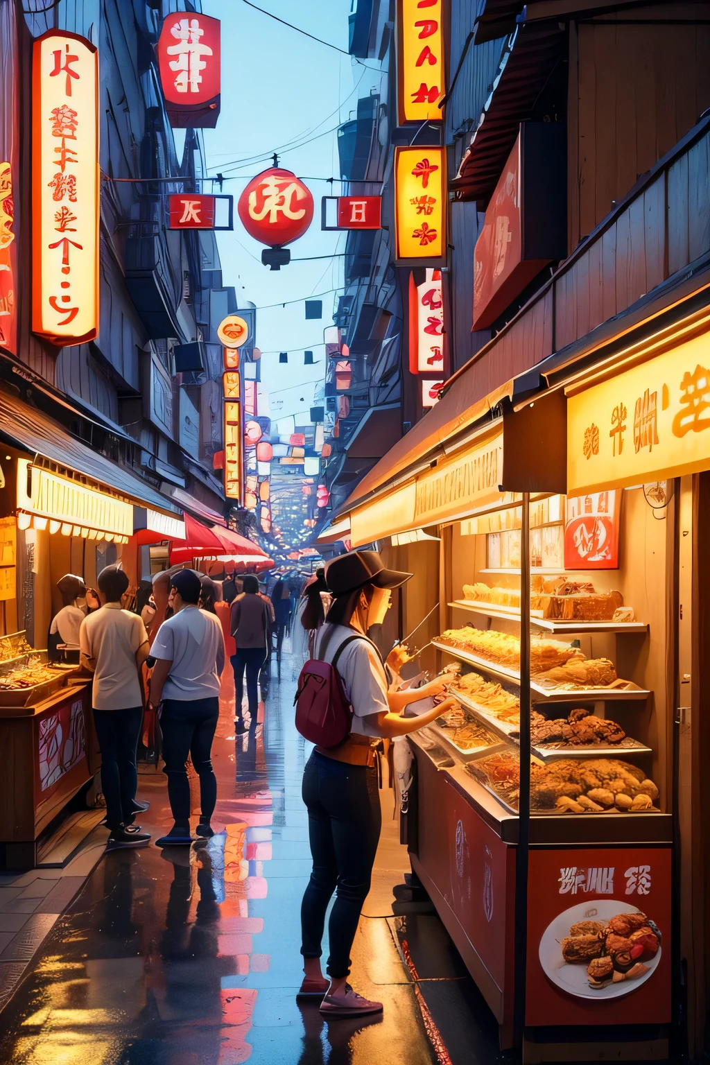 (best quality,4k,8k,highres,masterpiece:1.2),ultra-detailed,(realistic,photorealistic,photo-realistic:1.37),vivid colors,bokeh,Dotonbori street scene,collage,takoyaki preparation,close-ups of takoyaki,food stalls,street scenes,surrounded,takoyaki,Mouth-watering,detailed close-ups,energetic vibes,Dotonbori,street food,vibrant atmosphere,delightful aromas,exquisite details,enticing food,street food culture,bustling crowds,Japanese cuisine,flavorful,enticing aroma,authentic,Brightly lit,Symbolic billboards,bustling energy,famous Glico Running Man,Neon lights,Colorful signs,lively,Street performers,energetic,food vendors,temples,river,water reflection,cultural hub,mouthwatering,flavorful dish,Japanese street food,crowded,tourists.