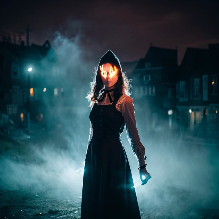 woman, adult, alone, The village at night, performer, fog, Gothic and Halloween atmosphere, masterpiece, high quality, 最high quality, be familiar with, perfect lighting, be familiar with face, be familiar with body, (be familiar with eyes), clear eyes, colorful, whole body, Ghost, Ghost costume