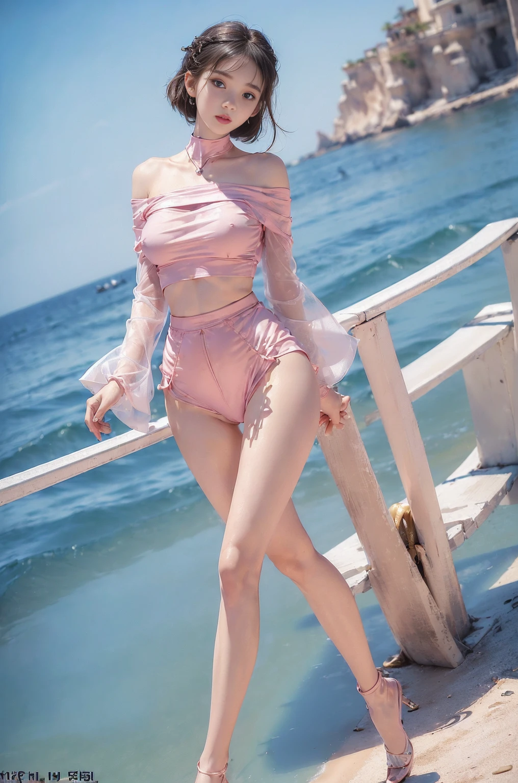 (masterpiece, best quality), pale skin, (baby face), Island beach background, (Purely off-the-shoulder, Short transparent top, high waist skirt, tight mini skirt:1.3), (Skinny Thighs:1.9, Yao Liu, weight loss, long legs, thin legs:1.9), blonde hair, (huge , lift your hips, straight legs), Show belly button, (Wide thigh clearance:1.6, wide gap between thighs:1.6), whole body forward, Nipple protrusion, pink breast bulge, Camel toe bump, (Facing Teenage Barbara Palvin)