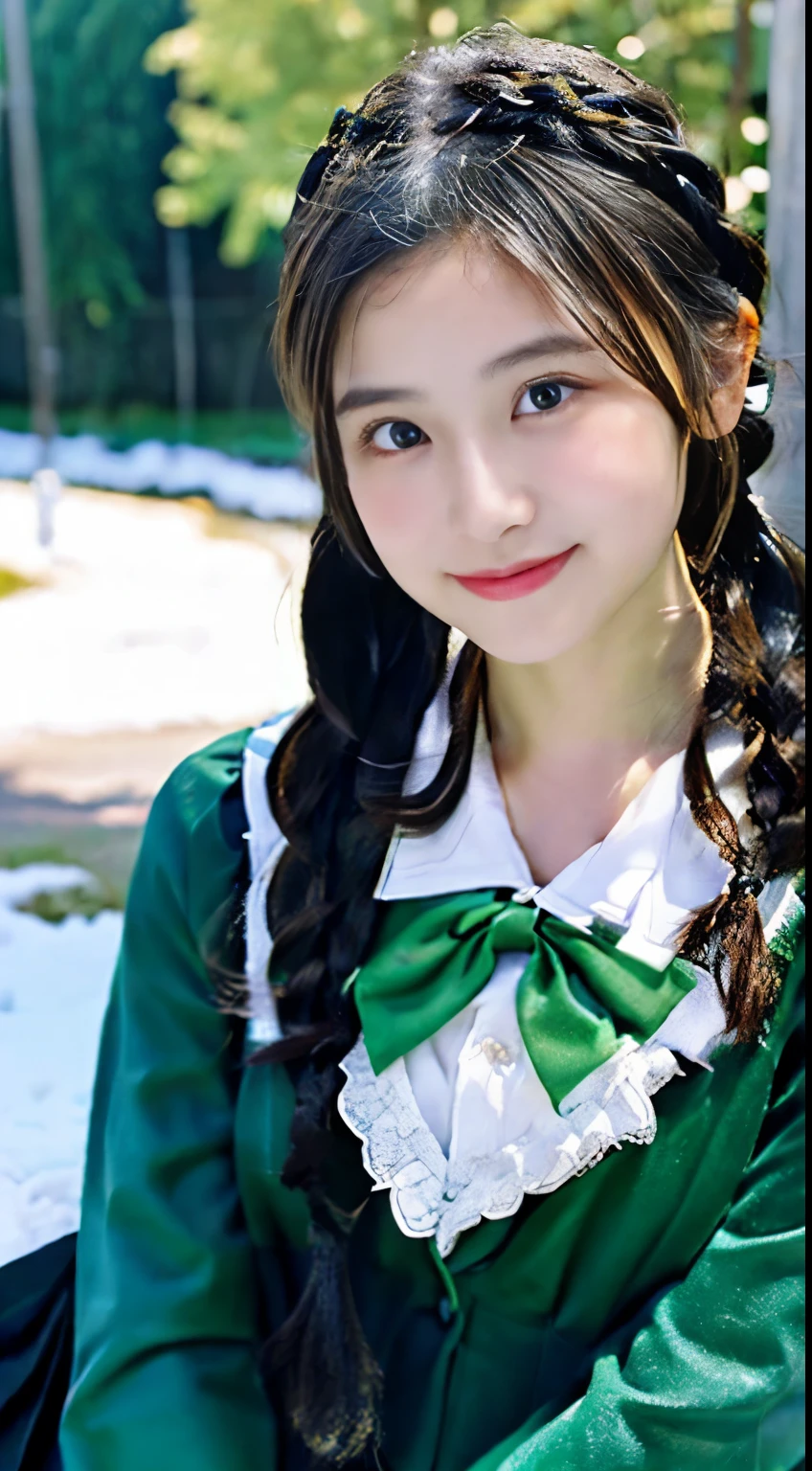 (ultra-detailed,masterpiece,best quality:1.3),
black hair,( braid:1.1), twin tails,light black eyes ,large eyes,(s:1.2) ,medium breasts ,(cute:1.2) girl , beautiful hair,shine eyes ,smile,happy,
cardigan,miniskirt,(school uniform:1.1),sitting,
BREAK
(green Beautiful grassland:1.2),(starry sky:1.1),Beautiful sky,(aurora:1.1),(ultra-detailed background:1.2),clear,Vibrant colors,(Crystal of snow:1.1),
extremely detailed face and eyes,