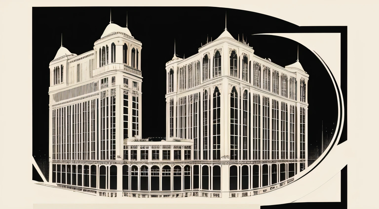 (art by Hugh Ferriss),1 hotel facade, ((vector)), white background, simple, outline, logo, ((mono color)), circle, front view, distance shot, high details, high resolution, HD,