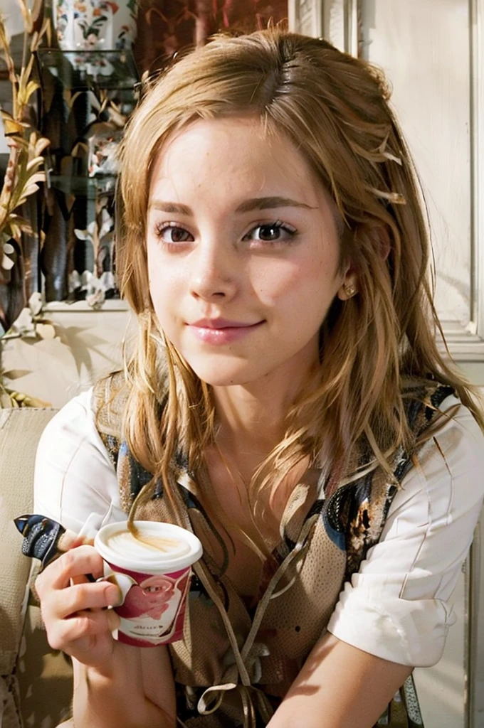 Blonde sitting at table and long hair Pretty woman in cafe sitting at table Blonde and long hair、Pretty woman in cafe holding coffee cup on table