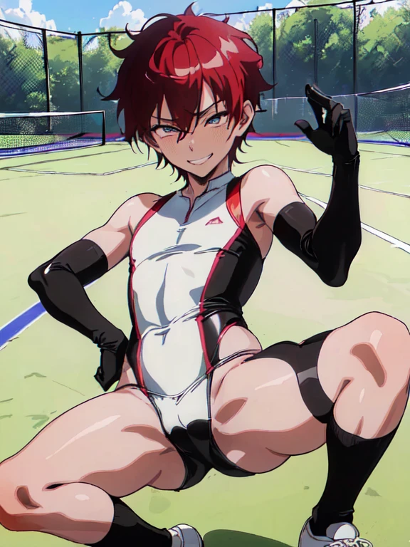 (((official art,Super thin illustration,High resolution, In 4K, 8K, High resolution, muste piece, best quality,best quality:1.3))), (),12 years otennis idol with a cute face.,A boy who looks like the prince of tennis、 Standing ceremony, Cool handsome face with smile, White Tennis Shoes、 long legs, thighs, Foots, Bulge, (dark red hair、)、 short story,spiky hair、shiny hair, boy with sharp eyes, (Tight, shiny white training suit、), (shiny tight tennis shorts), (Tennis Socks), grassy area, cool pose, (太いthighs,big butt),(((park tennis field)))、((Saucy、grinning grin、))、,ultra fine painting, ,(((Being aware of the sexual gaze of middle-aged gay men)))、Service Shots、(((Long leather gloves))),(((Anime-like coloring、Clearly emphasize the white part of the eyes、Super detailed eye expression))),
