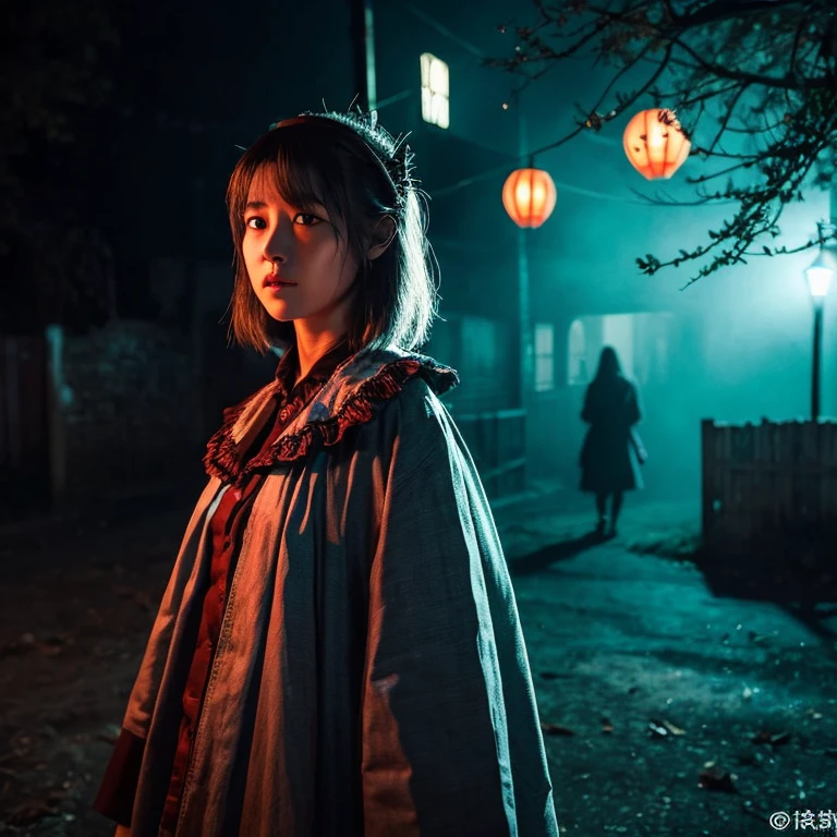 woman, adult, alone, The village at night, performer, fog, Horror atmosphere, masterpiece, high quality, 最high quality, be familiar with, perfect lighting, be familiar with face, be familiar with body, (be familiar with eyes), clear eyes, colorful, whole body, Ghost, Ghost costume、bloodstained costume