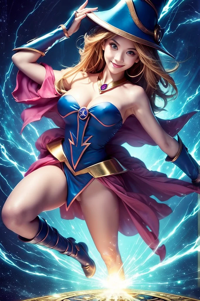 (masterpiece:1.2), (best quality:1.2), perfect lighting, Dark Wizard Girl Casting Spells, floating in the air, big breasts, neckline, magic background. hat, From above, A flash of magic、facing forward、Smile