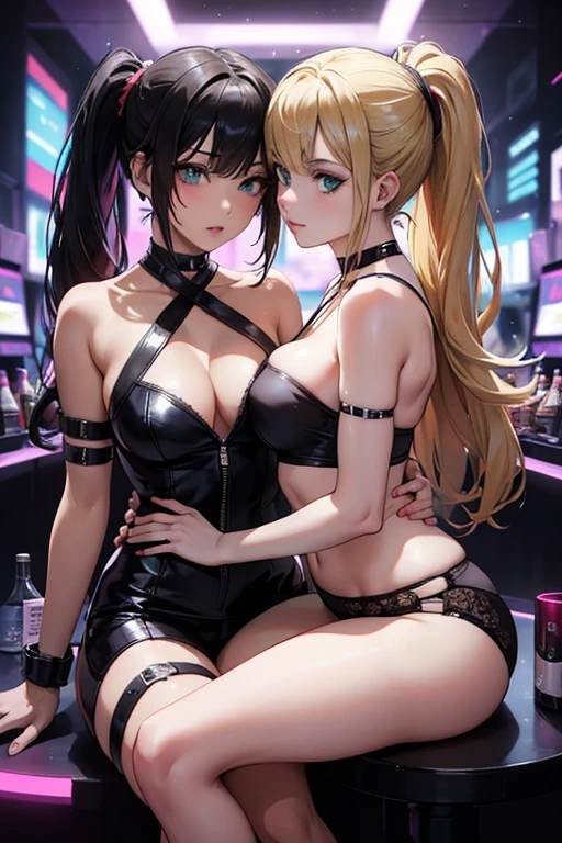 (masterpiece, highest quality, 8K, sharp focus, Depth of bounds written, best shadows, perfect light, HDR, realistic skin texture, ultra-be familiar with background, be familiar with), anime style, two women kissing (one of them has green eyes, white skin, black hair and ponytail, choker, small breasts, slim, compensate, eyeliner, Sparkling), (the other woman has blonde hair), at the nightclub, cyberpunk theme, cyberpunk city.