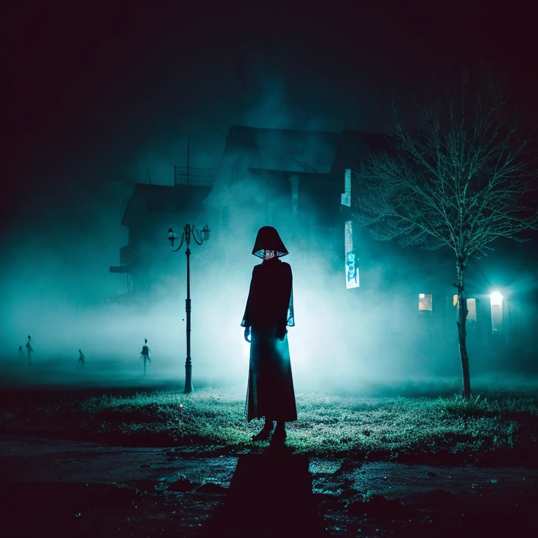 woman, adult, alone, The village at night, performer, fog, Horror atmosphere, masterpiece, high quality, 最high quality, be familiar with, perfect lighting, be familiar with face, be familiar with body, (be familiar with eyes), clear eyes, colorful, whole body, Ghost, Ghost costume、Blood