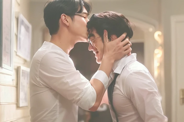 they are two men who are BESARNOS in a room, high quality movie still, BESARNOS, Kissing us together beautifully, still from movie, screenshot from a movie, very realistic film still, still from a movie de acción real, still from a movie, they are in love, gunwoo kim y j.dickensson, two men hugging