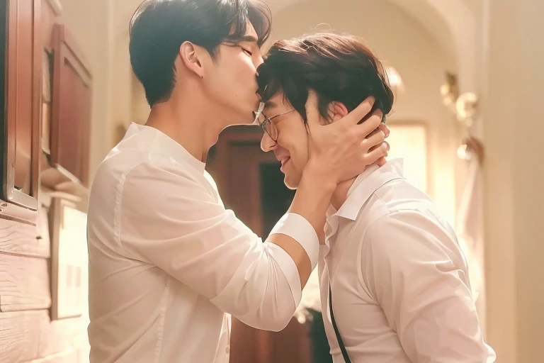 they are two men who are BESARNOS in a room, high quality movie still, BESARNOS, Kissing us together beautifully, still from movie, screenshot from a movie, very realistic film still, still from a movie de acción real, still from a movie, they are in love, gunwoo kim y j.dickensson, two men hugging