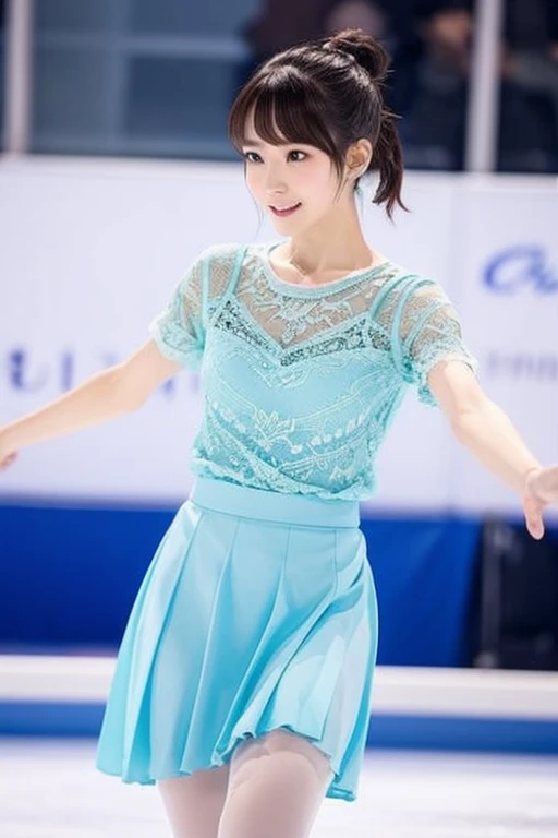 japanese woman、real、ultimate beauty、perfect body shape、whole body、cute、casual hairstyle、sweaty skin、Short hair fluttering in the wind、cuteFigure skating選手、Figure skating、ice skater clothes、on the ice rink、skating uniform、sporty beautiful girl、sheer lace skirt