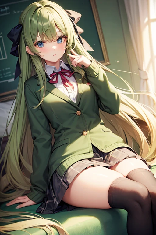 beautiful girl Schoolgirl style long-haired green color brown knee high socks red ribbon on the chest brown sweater and green blazer beautiful blue eyes I don't have anything on my hair