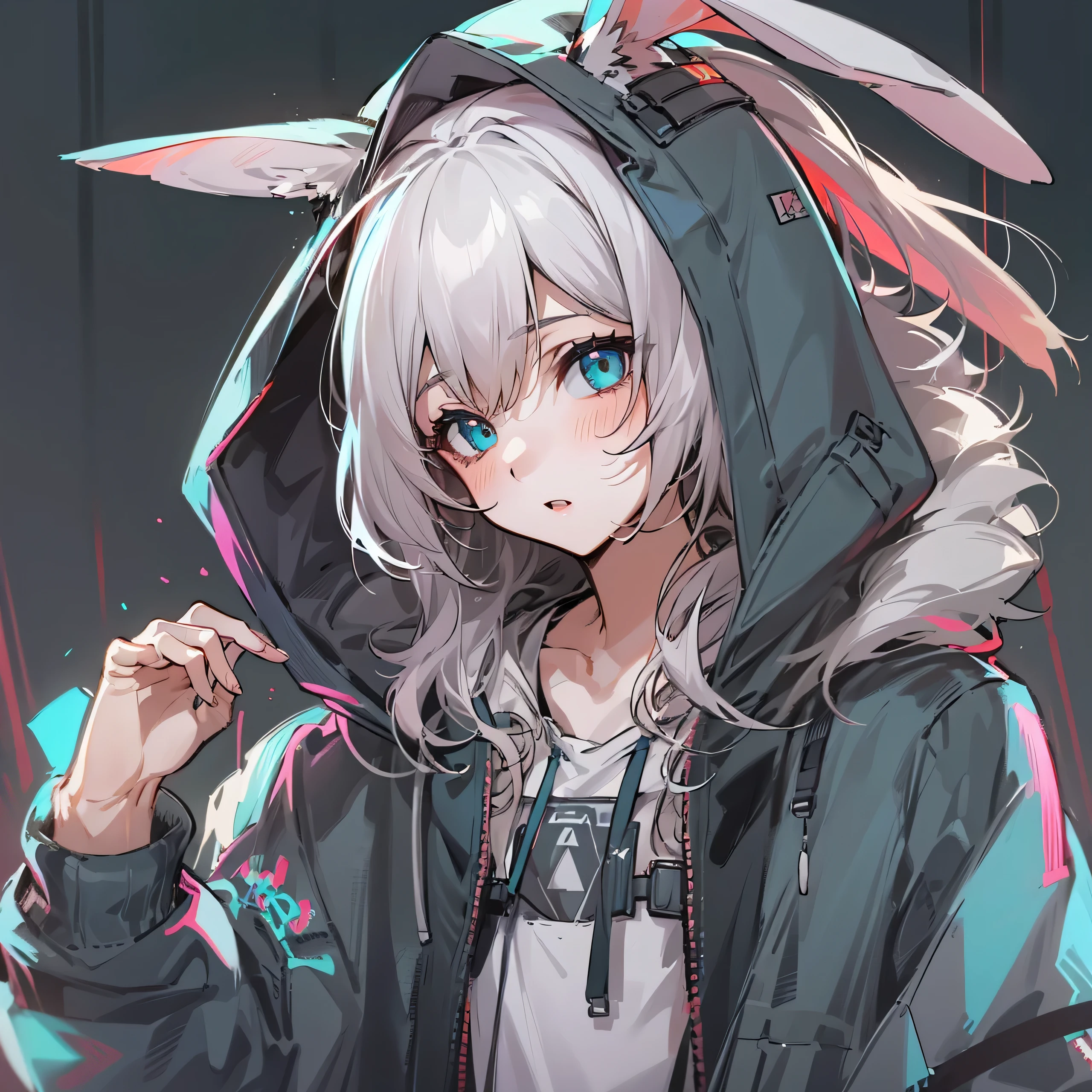 1girl, jacket, outdoor, hoodie, open jacket, chain,cute, kawai, looking at another, trending on artstation, 8k resolution, highly detailed, anatomically correct, sharp image, digital painting, concept art, trending on pixiv ,cyan color clothes, monocromatic colors, black and white, attractive aspect, hot look, arknights looks, arknights anime, bunny ears, detailed anime eyes, simple background, full body