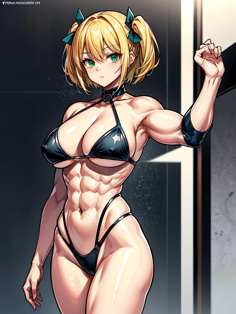 （（（masterpiece、Highest image quality、highest quality、highly detailed unity 8ｋwallpaper）））、（（Illustration of one girl））、（（（beautiful girl、cool）））、（（blonde、pixie cut：1.2、two side up、sidelocks、green eyes））、（（（tall、stocky build, thickset physique：1.3, muscular legs, broad shoulders, solid chest）））、swimsuit、sandy beach