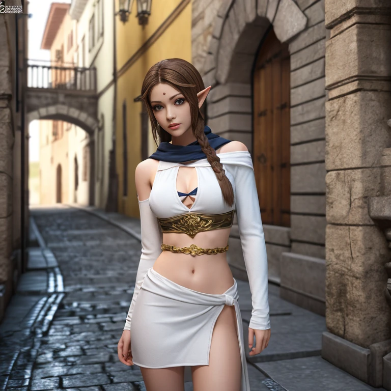 Full body shot of Princess Zelda, brown hair, blue eyes, Dressed as an Assassin from Assassin's Creed, in white+White mask on gold、Gold details at hood, XL Bust, Using the Wrist Blade. background: Renaissance city. unreal engine 5, anime, anime style, masterpiece, well drawn eyes, well drawn face, well detailed eyes, well detailed face, 8K, light and shadow effects. nsfw