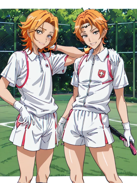 (((official art,Super thin illustration,High resolution, In 4K, 8K, High resolution, muste piece, best quality,best quality:1.3))), (little boy),12 years old, A young tennis idol with a cute face.,A boy who looks like the prince of tennis、 Standing ceremony, Cool handsome face with smile, White Tennis Shoes、 long legs, thighs, Foots, Bulge, (orange hair、short hair,spiky hair)、 、shiny hair, boy with sharp eyes, (Tight, shiny white tennis uniform suit、), (shiny tight tennis shorts), (Tennis Socks), grassy area, cool pose, (太いthighs,big butt),(((park tennis field)))、((Saucy、grinning grin、))、,ultra fine painting, ,(((Being aware of the sexual gaze of middle-aged gay men)))、Service Shots、(((Long leather gloves))),(((Anime-like coloring、Clearly emphasize the white part of the eyes、Super detailed eye expression))),