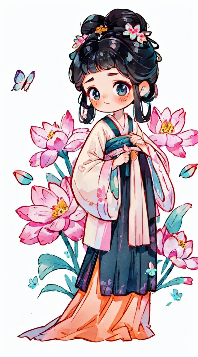 1 sister, alone, looking at the audience, Blushed, background with, black hair color hair, hair accessories, long sleeves, White background, eternal, Full body female love, Five-headed figure，flowers bloom, pink，hair flower, bun, Butterfly, masterpiece, recent quality, best details, clear facial features, beautiful eyes
