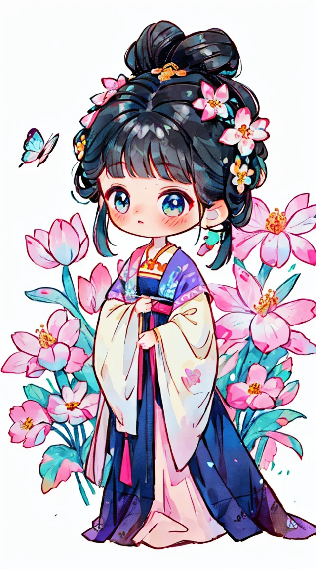1 sister, alone, looking at the audience, Blushed, background with, black hair color hair, hair accessories, long sleeves, White background, eternal, Full body female love, Five-headed figure，flowers bloom, pink，hair flower, bun, Butterfly, masterpiece, recent quality, best details, clear facial features, beautiful eyes