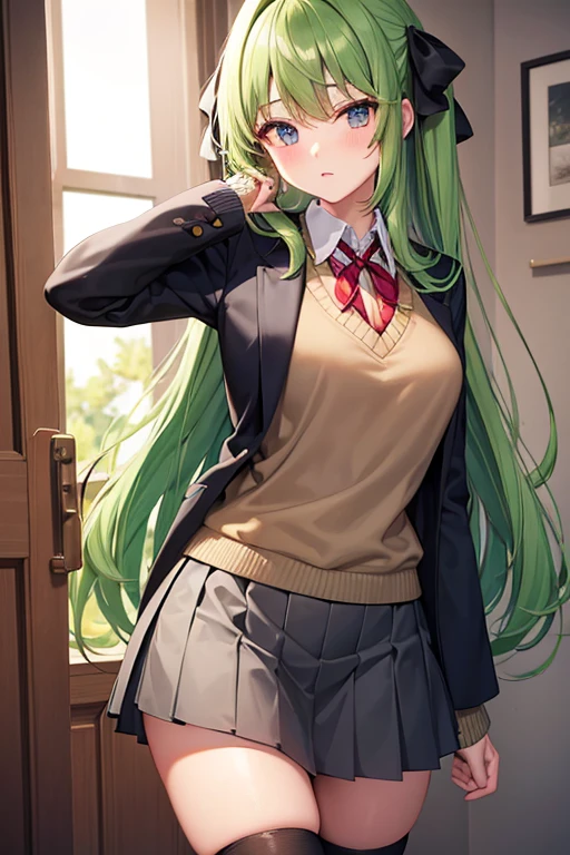beautiful girl Schoolgirl style long-haired green color brown knee high socks Gray miniskirt red ribbon on the chest brown sweater and green blazer beautiful blue eyes I don't have anything on my hair