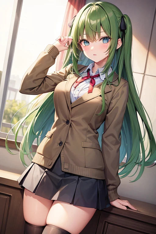 beautiful girl girl style long-haired green color brown knee high socks Gray miniskirt red ribbon on the chest brown sweater and green blazer beautiful blue eyes I don't have anything on my hair