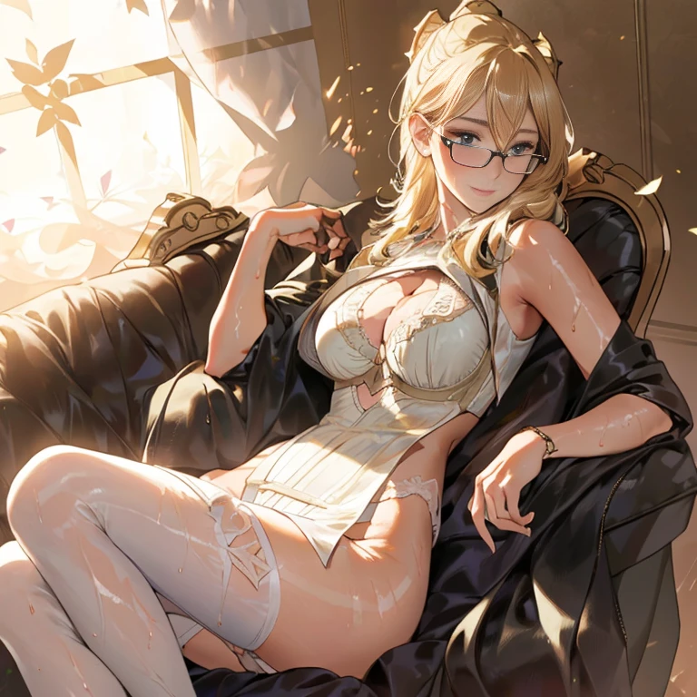 realistic, photorealistic, colorful, great lighting, ultra-detailed, dynamic angle, masterpiece,1lady, perfect face, (bright lighting:1.2),beautiful detailed eyes, extremely detailed face, perfect lighting,masterpiece, best quality,beautiful black short hair, room, sunset, straddle a chair, darkbrown Chinese dress, (White bra), ((White panties, cameltoe)) ,high-heeled shoes, stockings, glasses, ribbon, sweaty, wet body, thighs out, buttocks, large breast, slim, slender, translucent, Embarrassed expression, blush,