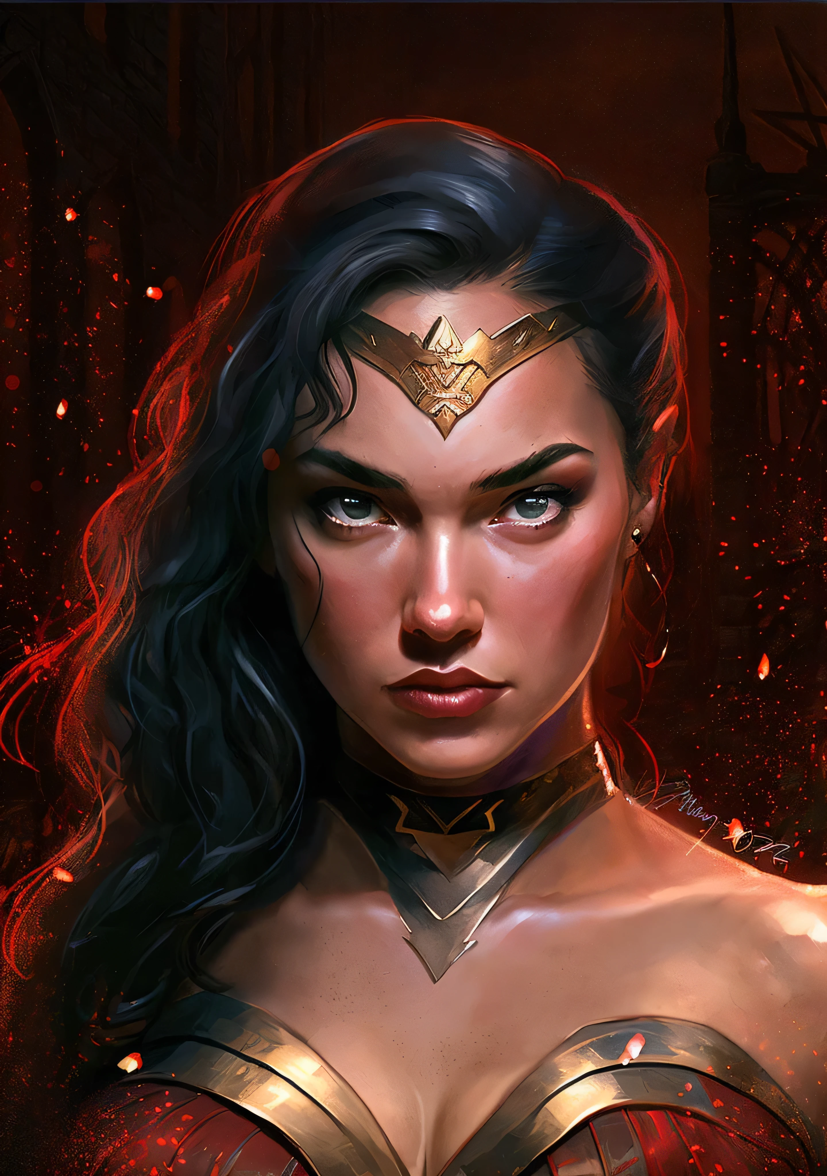 wonder woman ,close up shot, small red fire embers rising up from bellow, blinking her eyes ,heroic stance, , her hair blowing in the wind ,strong serious expression ,flowing dark hair,metallic armor,shimmering tiara,star-spangled costume,rippling cape,fierce determination,powerful pose,muscular physique,battle-ready,warrior princess,superhuman strength,super speed,laser vision,indestructible bracelets,lasso of truth,combat boots,intense gaze,[illustration],(best quality,4k,8k,highres,masterpiece:1.2),ultra-detailed,(realistic,photorealistic,photo-realistic:1.37),HDR,UHD,studio lighting,vivid colors,sharp focus,physically-based rendering,extreme detail description,professional,portraits,bokeh