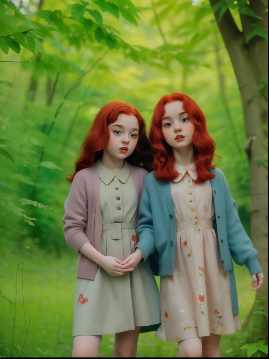 Twin 9--old casian girls, with red hair and mischievious looks, stand in a forest wearing 1940s floral dresses and cardigans.