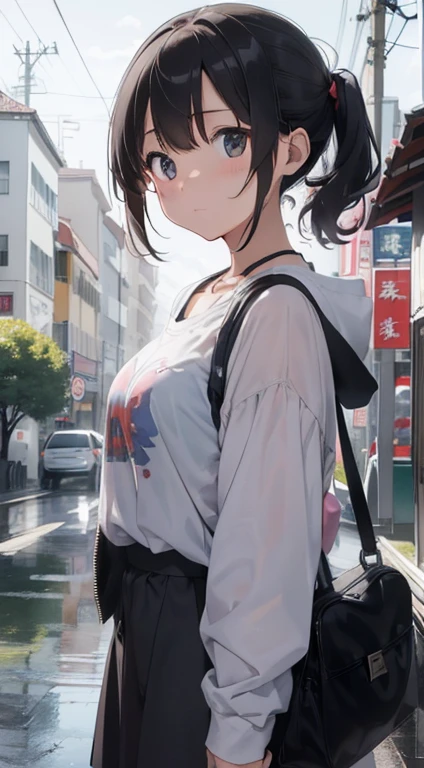 a girl、撑着透明的rain伞。Colorful。rain。cloudy gray sky。Cars coming and going。Cheese