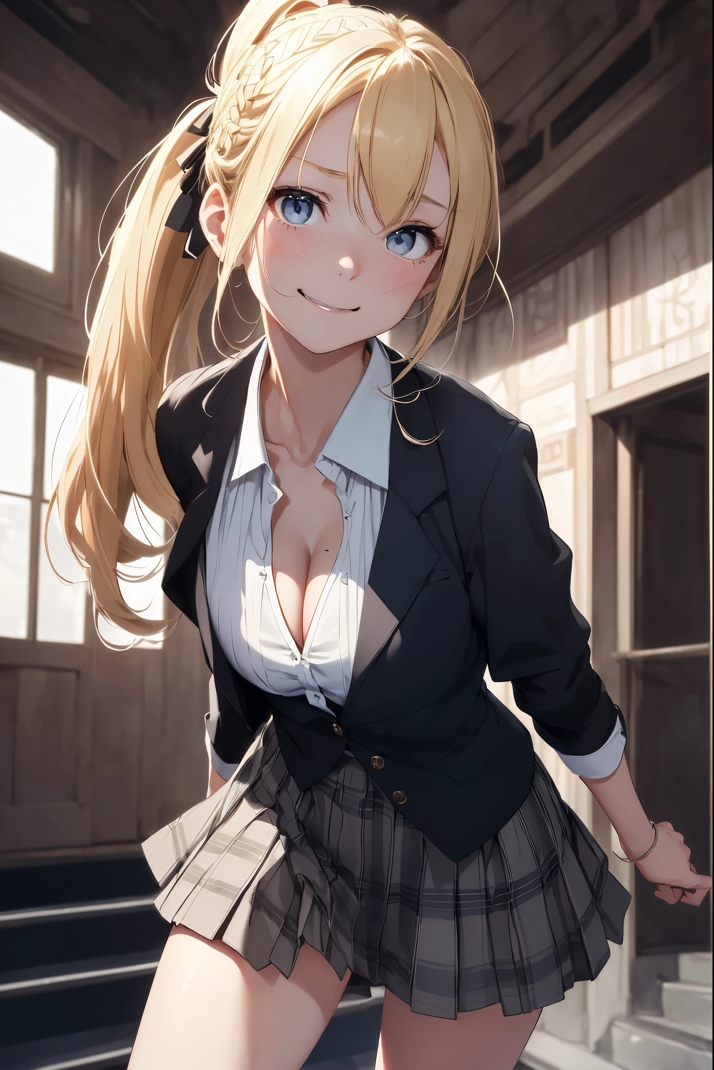 (official art、best quality、Unity 8K Wallpaper、32k、masterpiece、Super detailed、ultra high resolution、actual、Realism:1.2)、(light:1.2)、fire glow effect、The most grainy shadow in、edge lighting、(背面Super detailed且复杂的 3D 渲染))、精致beautiful face庞和眼睛、The slender one、(Full body female love:1.2)、 Very detailed background、beautiful face、(Super delicate skin、Detailed skin texture:1.3)、(view from below、low angle:1.3)、(Climb stairs)、Detailed face and eyes of beautiful 16 year old girl、Skin glows、Tie your hair up with a blue ribbon、double ponytail、braid、beautiful blonde、Glazed eyes、(Embarrassment comes from:1.4)、(smile slightly:1.2)、(Puzzled:1.0)、White shirt、plaid mini skirt、(lapel skirt、I can see cleavage:1.2)、thigh, thigh, thigh、Dynamic pose medium