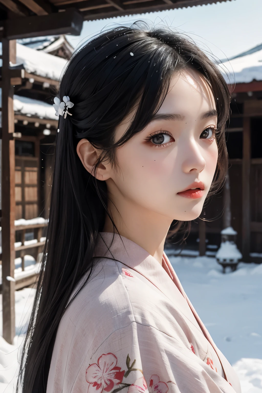 masterpiece, best quality, (photorealistic:1.4), 8K, RAW photo, ultra highres, extremely detailed eyes and face, slender, skinny, looking at viewer, kimono, temple, sakura, winter, snowfall, portrait, girl (black hair, shy, cute, hairclip)