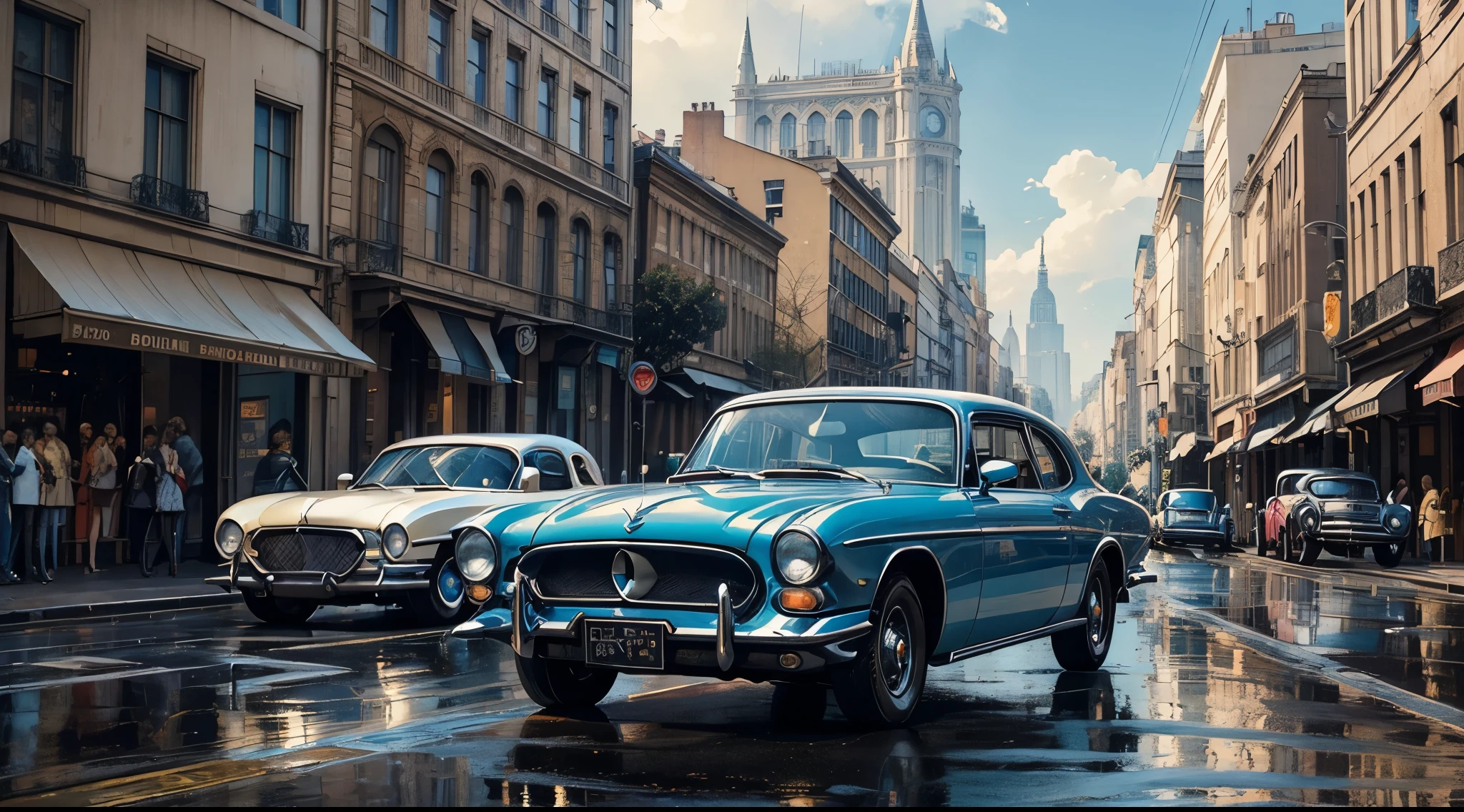 (8K, Best Quality, Masterpiece: 1.2), (Realistic illustration: 1.37), Super Detailed,(top-quality), (ultra-detailliert),High Resolution, BREAK Create a city street scene on a rainy day, the azure sky reflecting in puddles on the asphalt, the buildings tinted with soft blue hues.Elegant, vintage cars cruise along the boulevards as the city awakens to a day of jazz and glamour ,(vintage cars:1.5)