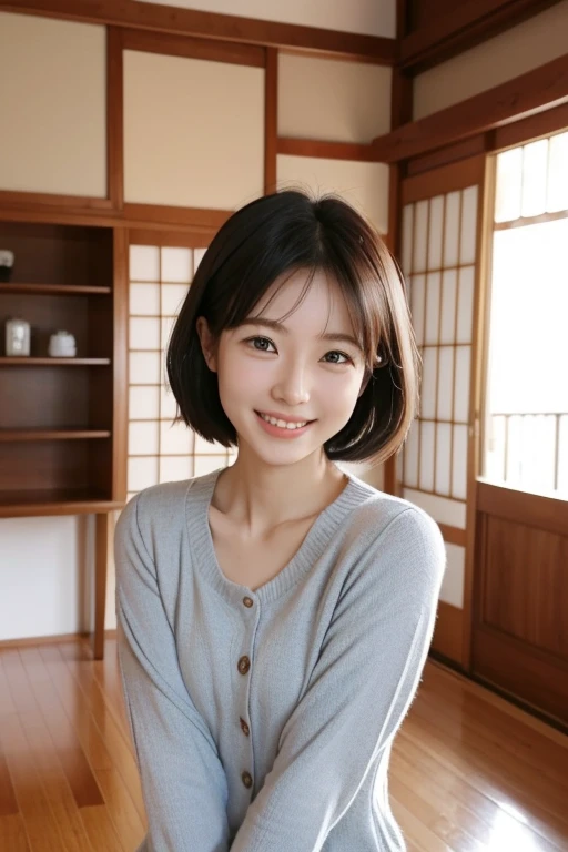 Japanese woman&#39;s wife、Perfect cuteness、random hairstyle、real、Beauty、Idol、gentle expression、No makeup、happinessそうな笑顔、masterpiece、refreshing、wife、Mother and daughter、30歳のwifeと5歳の娘、happiness、two persons、short hair、Western style house living room、running towards the camera、happinessそうな表情、a loving smile