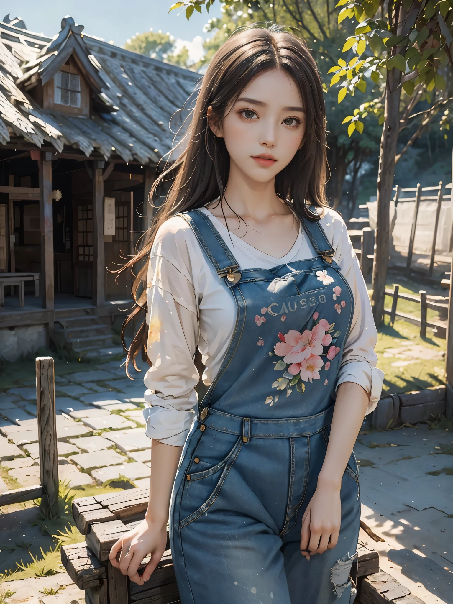 Imaginative thoughts on your dream girlfriend、Warm depiction，Envisioned as a dream lover and lifelong partner。She embodies the simplicity of Chinese rural girls、Industrious，Integrated with wisdom、Beautiful and hard-working character。This artistic depiction shows her in a rural setting，Exuding sweetness、Romantic atmosphere。((She wears simple denim overalls and a white shirt))，Reflecting her humble origins and down-to-earth character。Her facial features are gentle and beautiful，The expression is kind、Tempting。The background is a picturesque rural landscape，Rolling hills、Fields and traditional country houses，Adds a sweet rustic romantic charm。The overall style blends realism and idealized rural beauty，embodies the dreamlike、The Essence of a Cute Country Girl, (floral watercolor painting:1.5)，(Super high saturation, bright and vivid colors:1.5), (nsfw), (Look at the audience head-on:1.5)