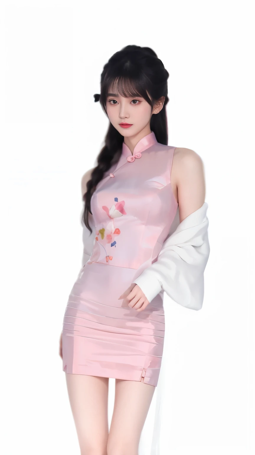 A woman wearing a pink dress and white jacket poses for a photo, full body xianxia, Popular topics on cgstation, cgstation trends, Jia, sha xi, Wear long, flowing clothes, Gorgeous Chinese model, cai xukun, Xision Wu, Inspired by Huang Ji, Tzuyu from Twice, yun ling, cheongsam, Cute and elegant pose
