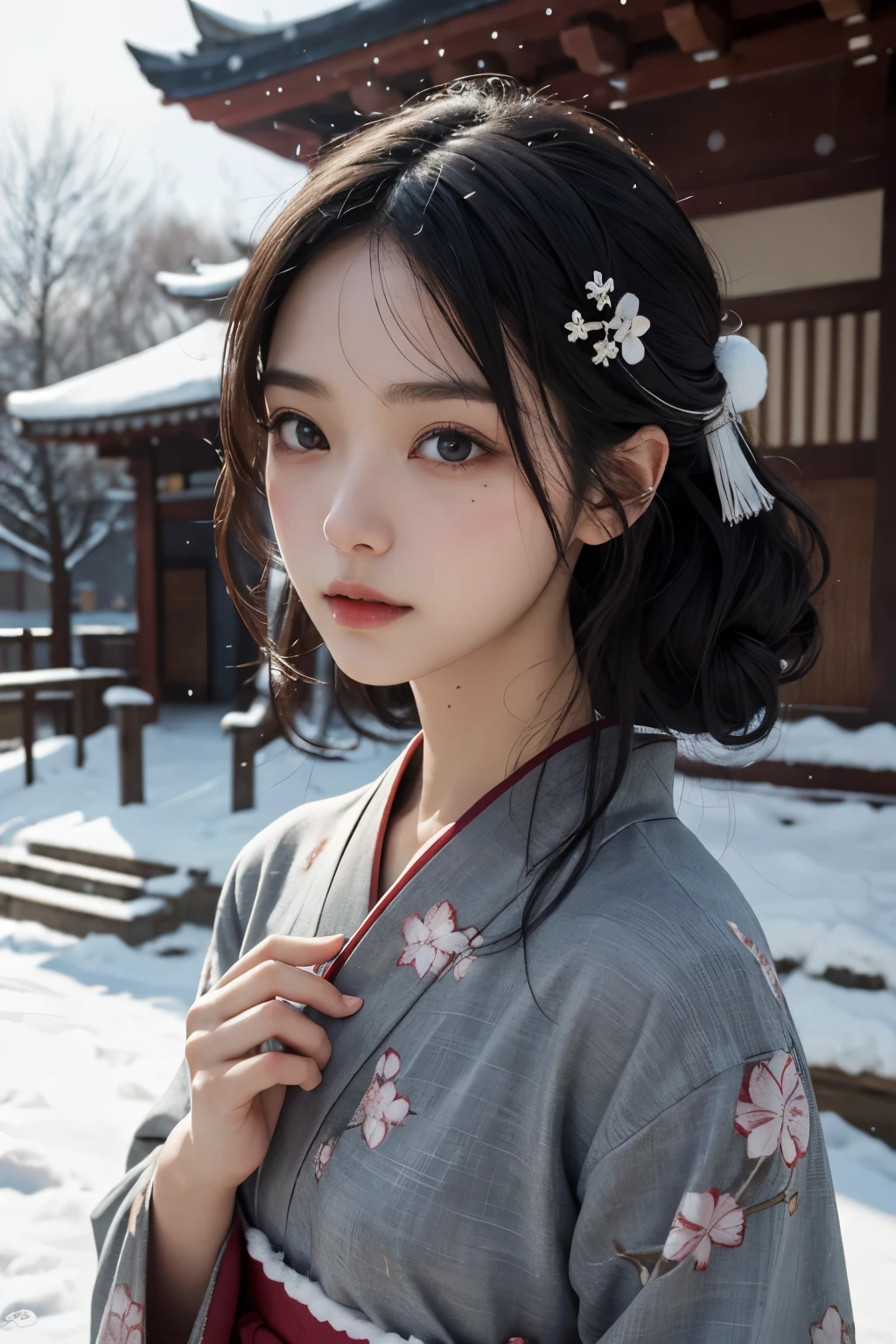 masterpiece, best quality, (photorealistic:1.4), 8K, RAW photo, ultra highres, extremely detailed eyes and face, slender, skinny, looking at viewer, kimono, temple, sakura, winter, snowfall, portrait, girl (black hair, shy, cute, hairclip)