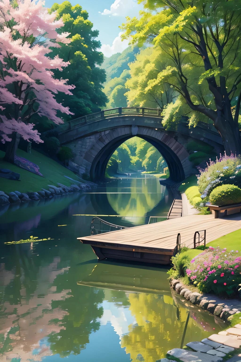 serene parks, magical boat tour, teaser image, anticipation, Part 2, landscape, vivid colors, realistic, fine details, professional, highres, HDR lighting, sharp focus, picturesque scenery, gentle breeze, shimmering water, lush greenery, blooming flowers, tranquil atmosphere, dreamlike, enchanting, immersive experience, masterful composition, breathtaking views, joyful anticipation.