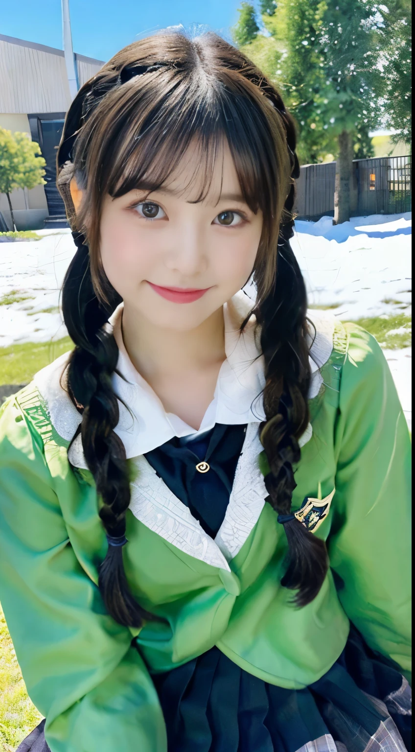 (ultra-detailed,masterpiece,best quality:1.3),
black hair,( braid:1.1), twin tails,light black eyes ,large eyes,(teens:1.2) ,medium breasts ,(cute:1.2) girl , beautiful hair,shine eyes ,smile,happy,
cardigan,miniskirt,(school uniform:1.1),sitting,
BREAK
(green Beautiful grassland:1.2),(starry sky:1.1),Beautiful sky,(aurora:1.1),(ultra-detailed background:1.2),clear,Vibrant colors,(Crystal of snow:1.1),
extremely detailed face and eyes,